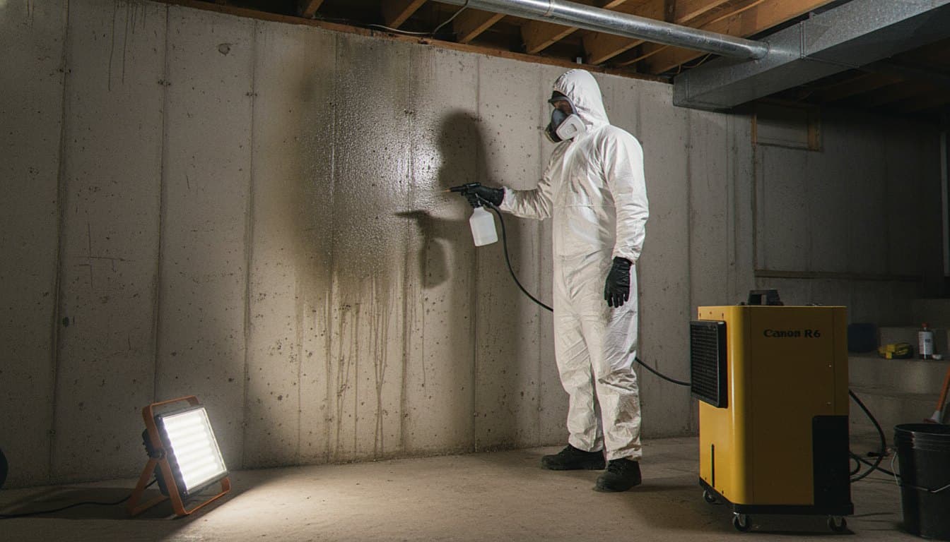 Mold technician in protective gear in a Royal Oak home