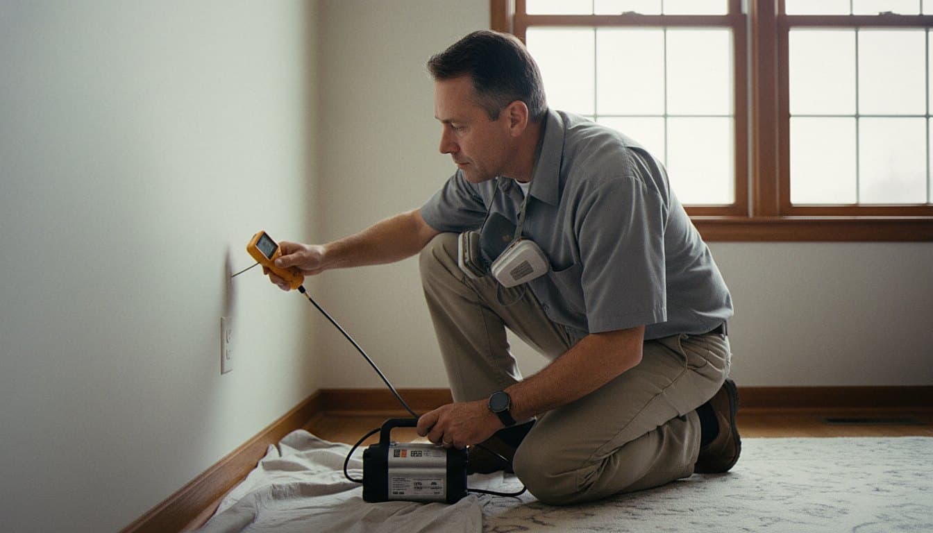 Mold technician in protective gear in a Royal Oak home